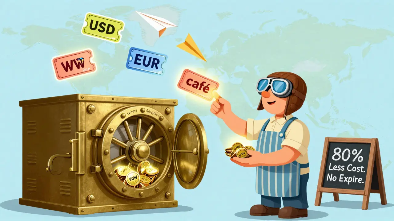 Small business owner feeding VOW tokens into a mechanical vault that releases floating digital vouchers.