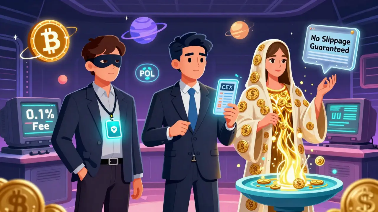 Three traders in a DeFi lounge representing DEX, CEX, and staker roles, surrounded by floating crypto tokens and smart contracts.