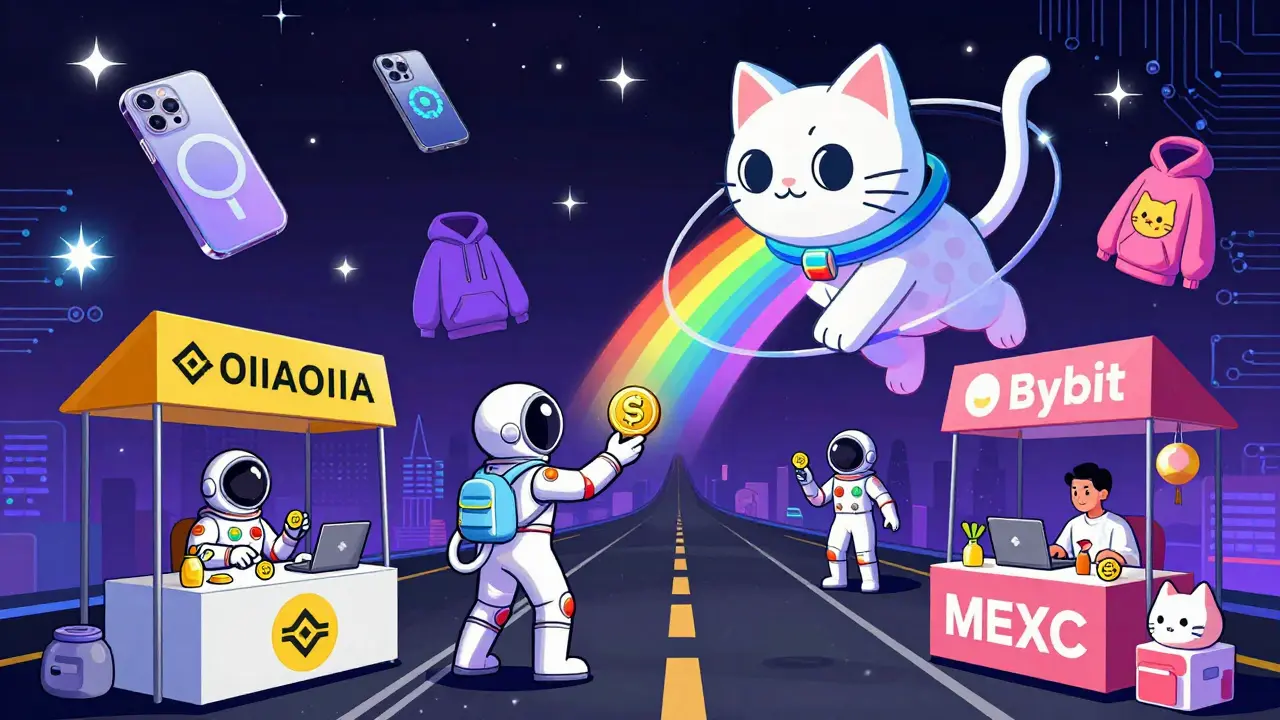 Traders in space suits exchanging OIIAOIIA tokens at floating stalls, with a giant spinning cat NFT above a cosmic highway.
