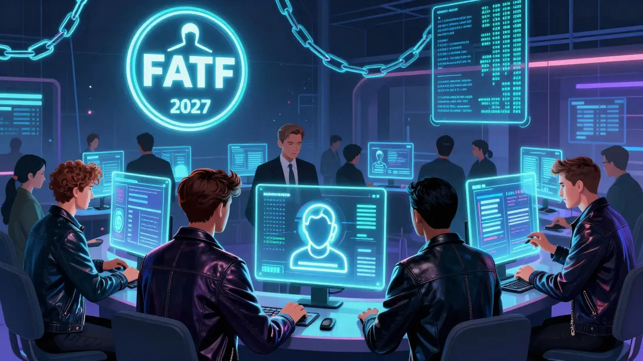 Traders using transparent screens to verify identity via zero-knowledge proof, with FATF logo looming overhead.