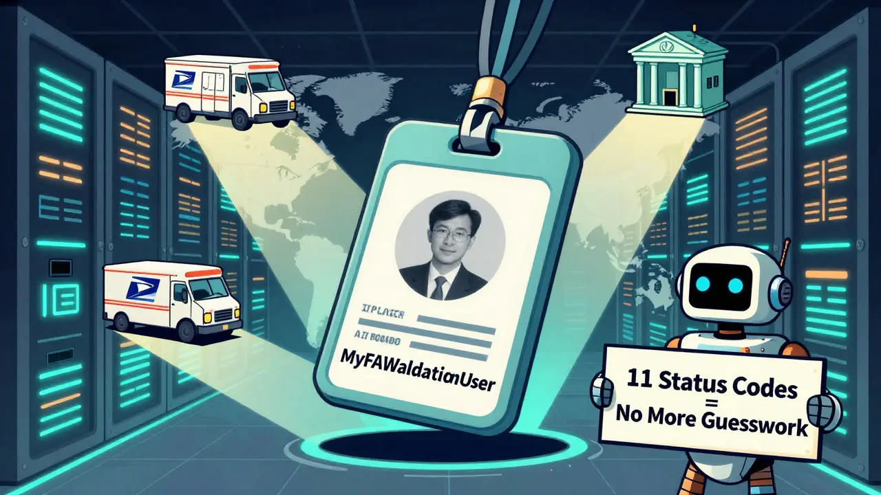 Validation badge protecting global data flows with status codes visible on maps and factories.