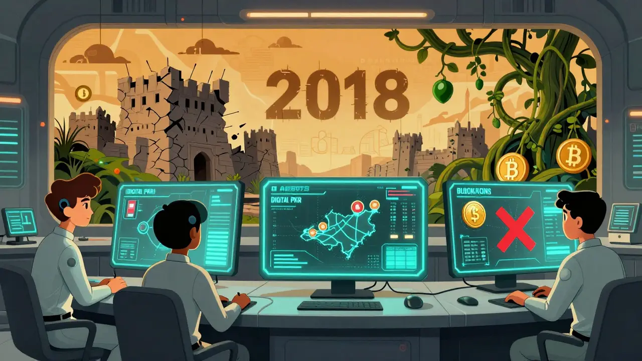 Young tech regulators monitor holographic crypto flows as the old ban crumbles, replaced by blockchain vines bearing Bitcoin and Ethereum fruit.