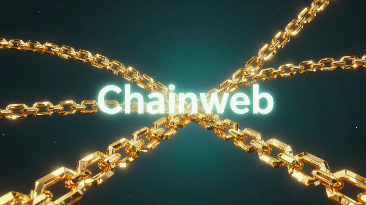A braided web of glowing golden crystalline chains symbolizing the Kadena Chainweb architecture.