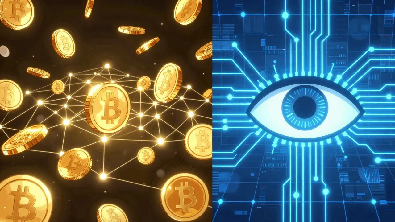 A contrast between decentralized gold coins and a structured, blue digital currency grid.
