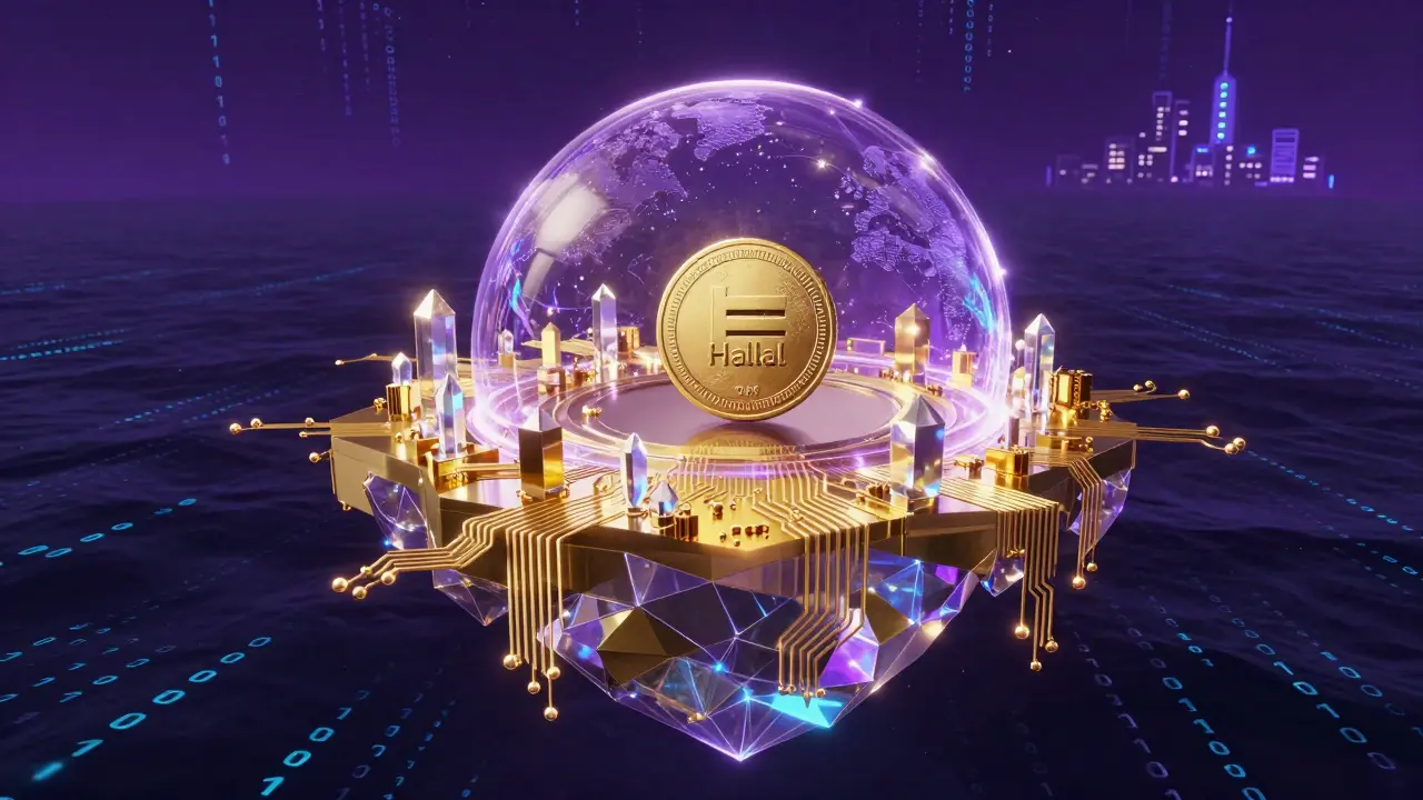 A floating golden digital island isolated by an energy dome in a dark binary ocean.