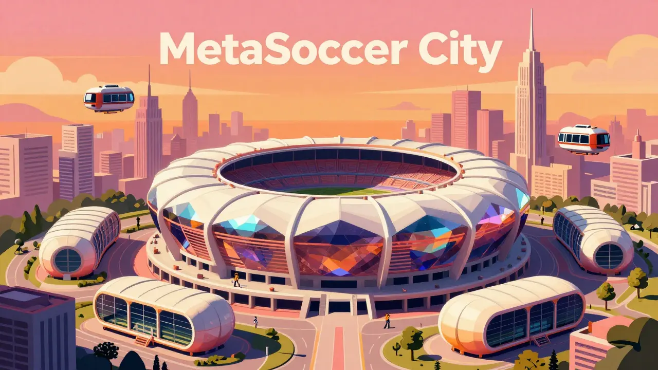 A futuristic cityscape with a gemstone-shaped stadium in retro-futurist style.