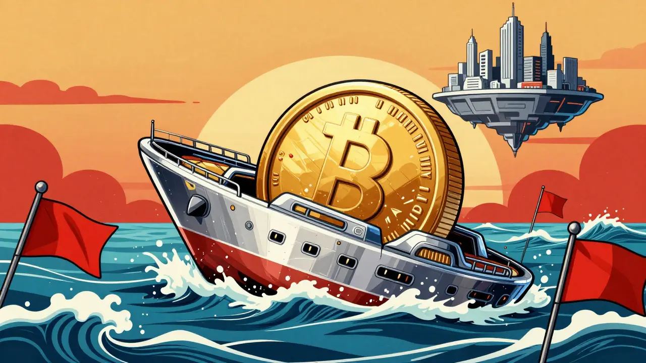 A futuristic gold coin ship sinking into a sea of red warning flags