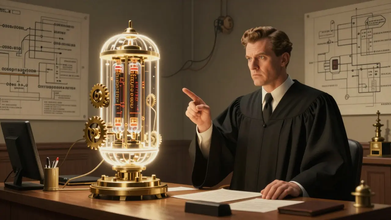 A futuristic trial featuring an AI trading bot made of vacuum tubes and gears.