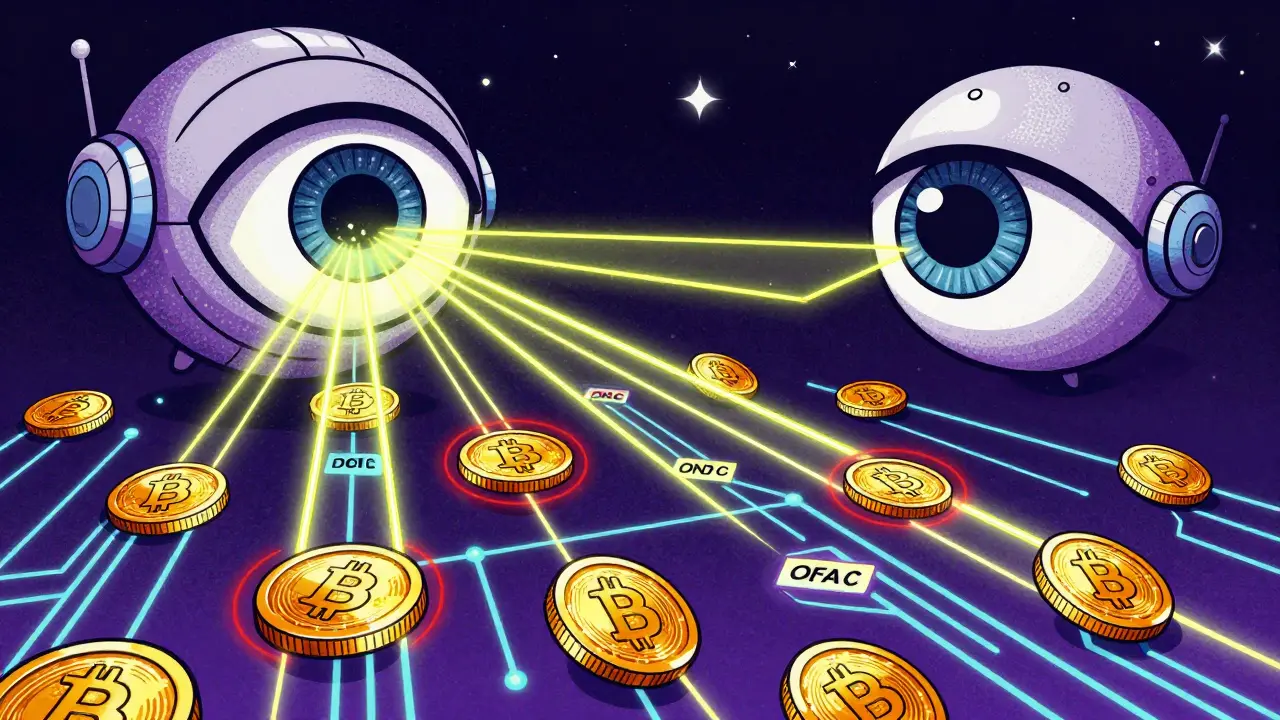 A giant robotic eye scanning a network of cryptocurrency wallets with neon lasers.