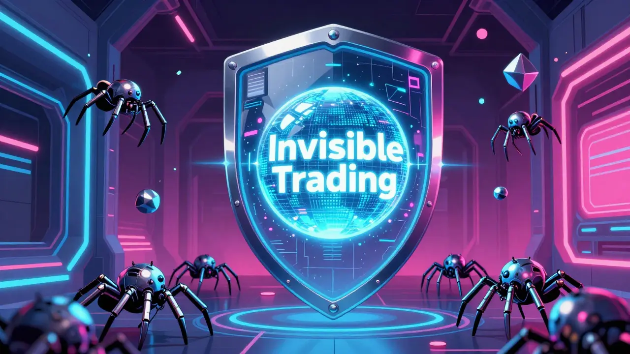 A glowing digital transaction protected by a futuristic shield from robotic spiders.
