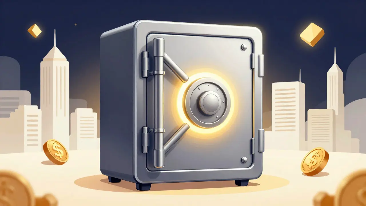 A glowing, secure chrome hardware wallet vault in a futuristic city setting.