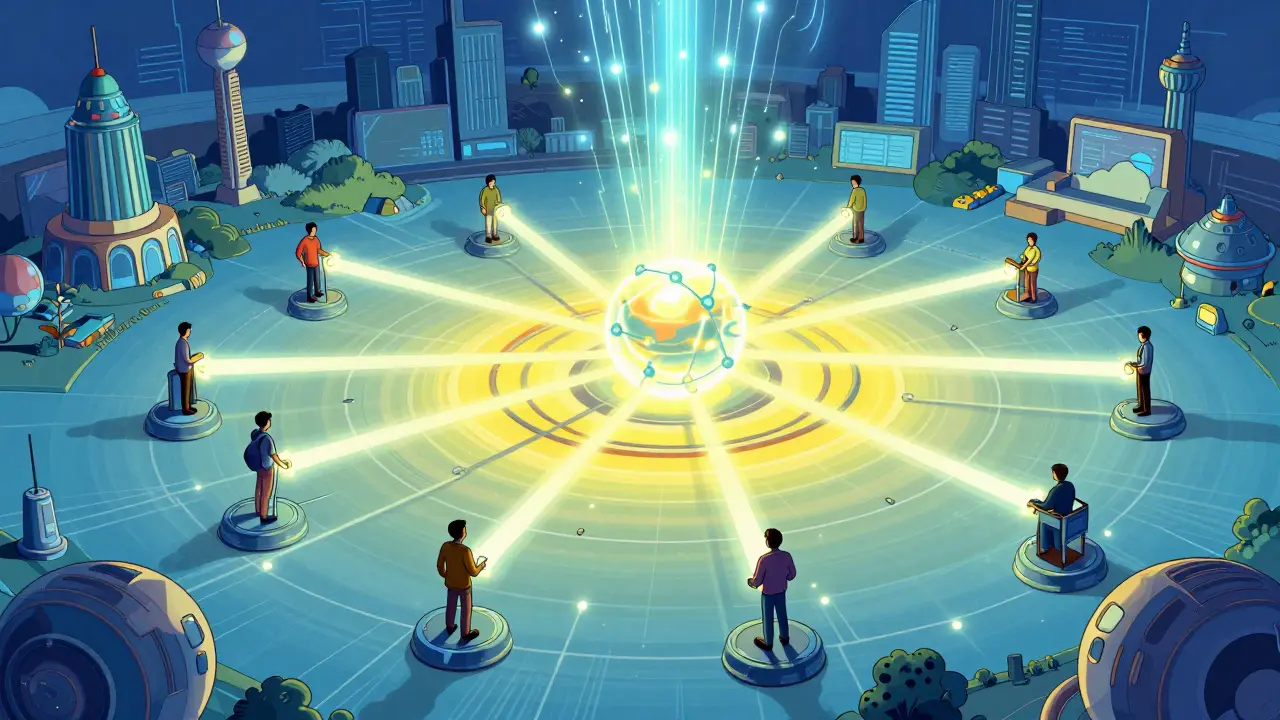 A growing network of lights connects users to a central digital exchange hub.