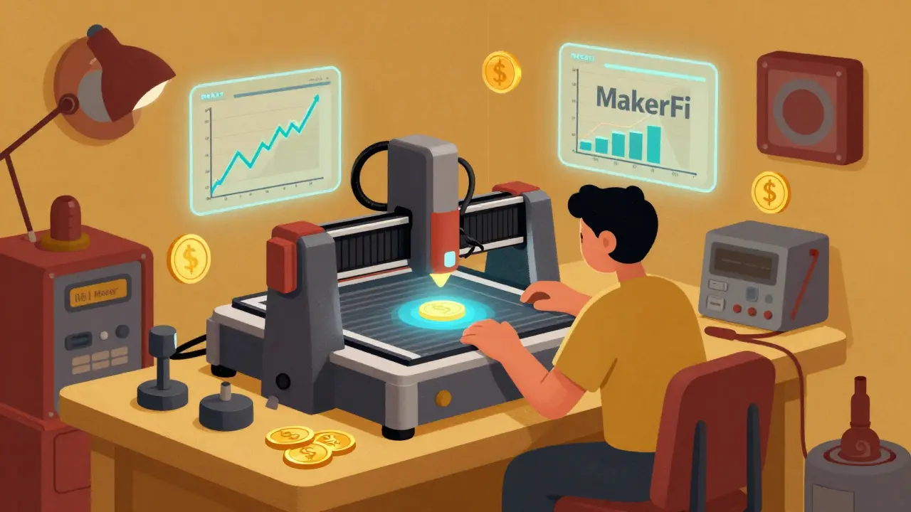 A maker in a vintage-style futuristic workshop with holographic tokens representing financial liquidity.