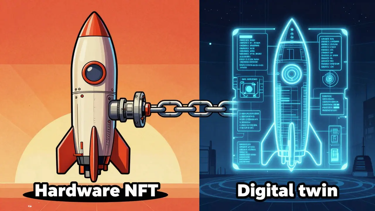 A mechanical valve and its holographic digital twin connected by a blockchain link in retro-future style.