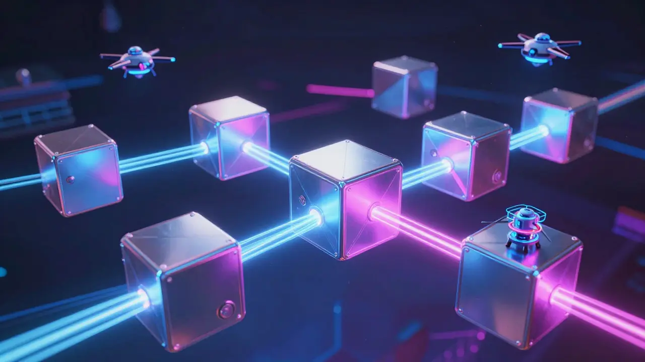 A network of glowing futuristic cubes linked by energy beams representing a blockchain ledger.