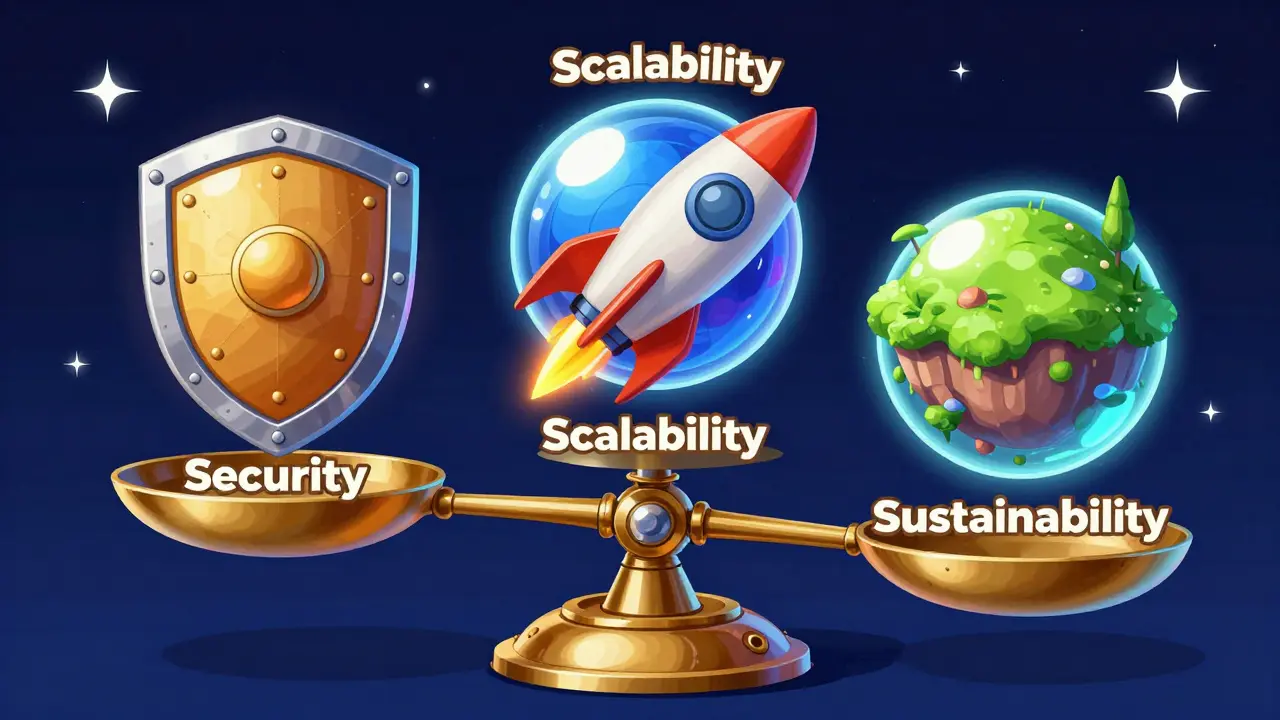 A retro-futuristic mechanical scale balancing security, scalability, and sustainability orbs.