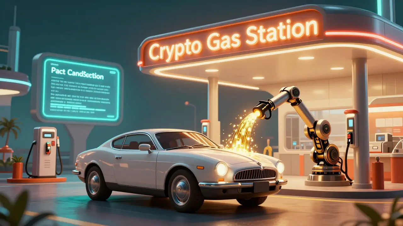 A retro-futuristic service station where a hover-car is refueled with glowing data streams.
