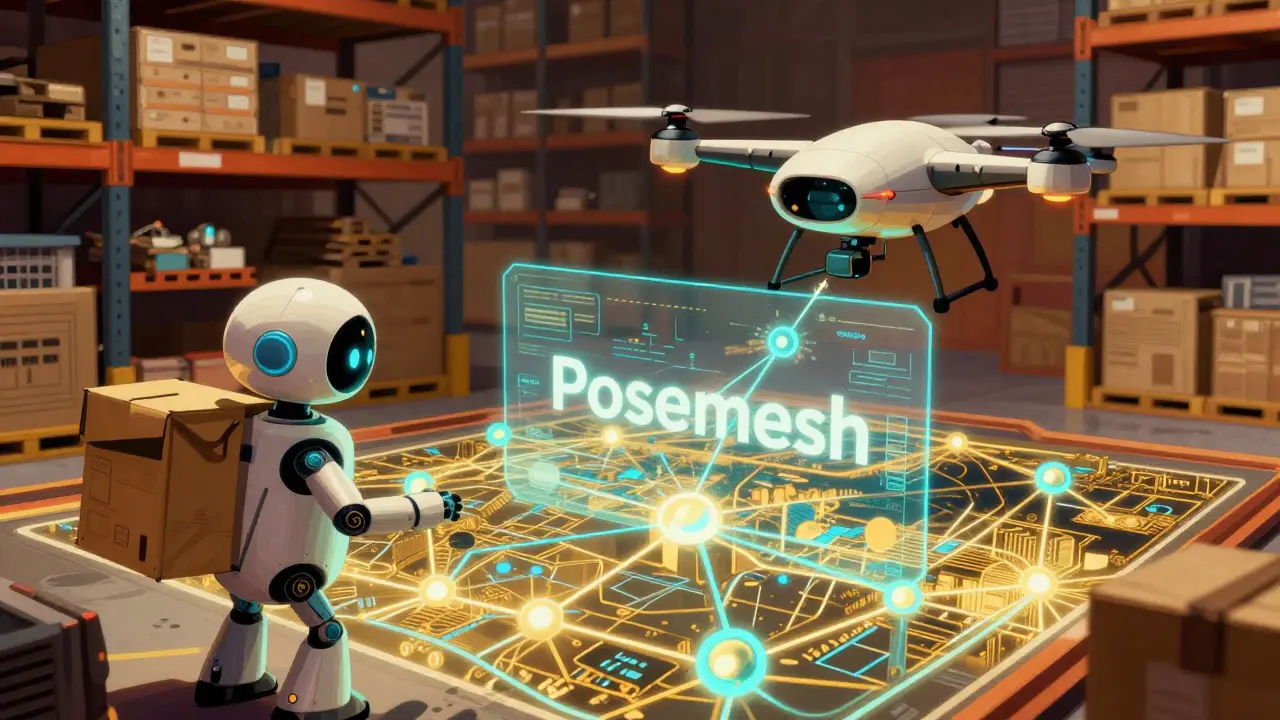 A robot and drone sharing a glowing 3D holographic map of a warehouse in retro-futurist style.