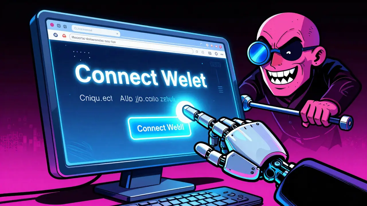 A robotic hand about to click a fake wallet connection button on a retro screen