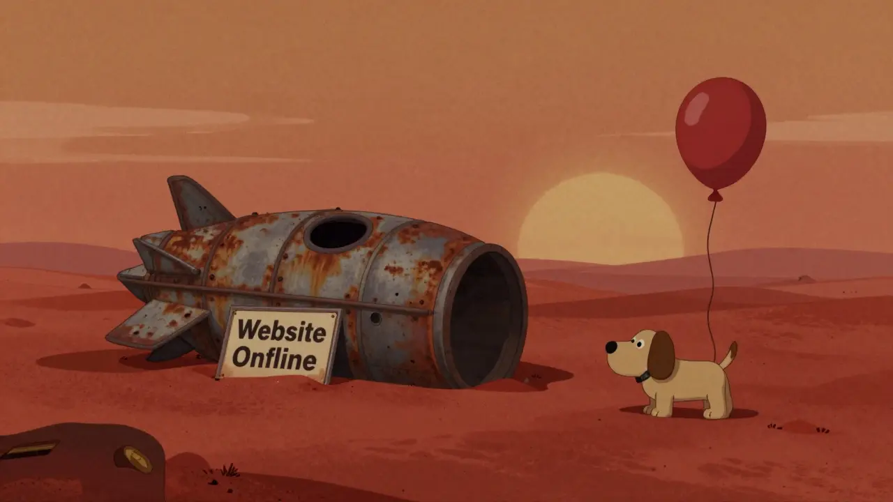 A rusted, abandoned rocket on the red sands of Mars with a defunct website sign.
