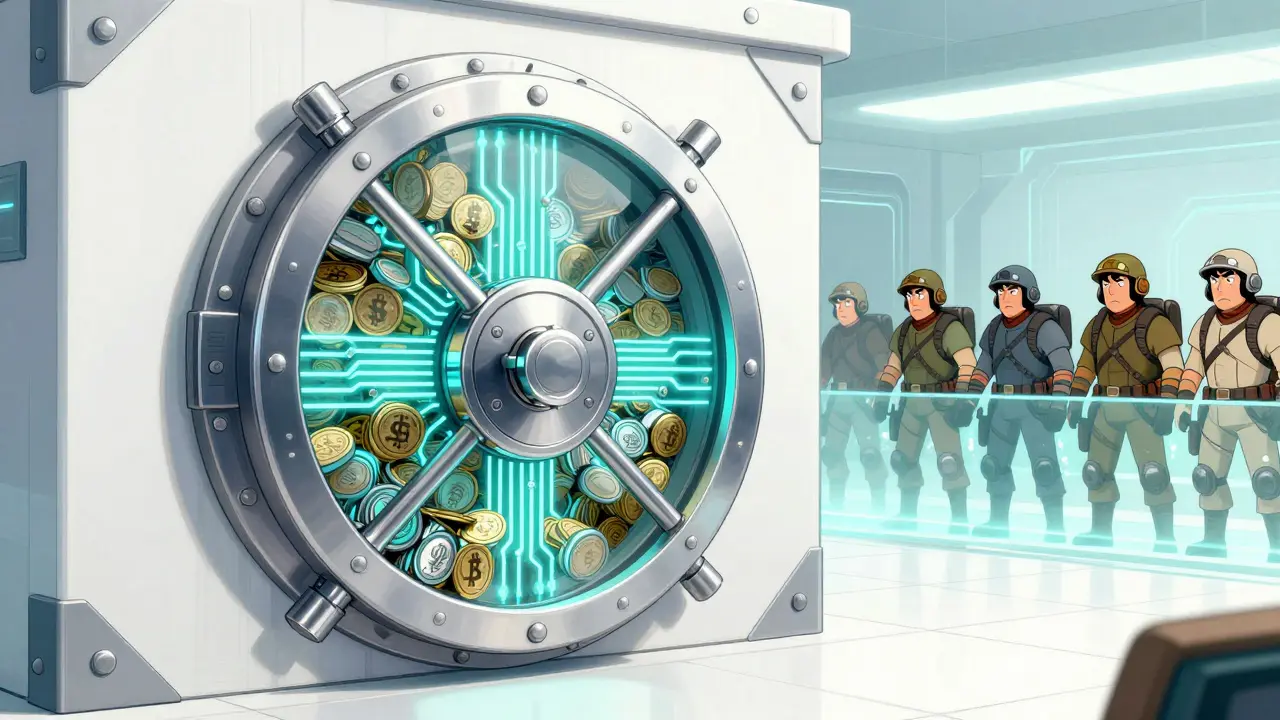 A secure, futuristic chrome vault protecting digital assets behind a glowing energy barrier.
