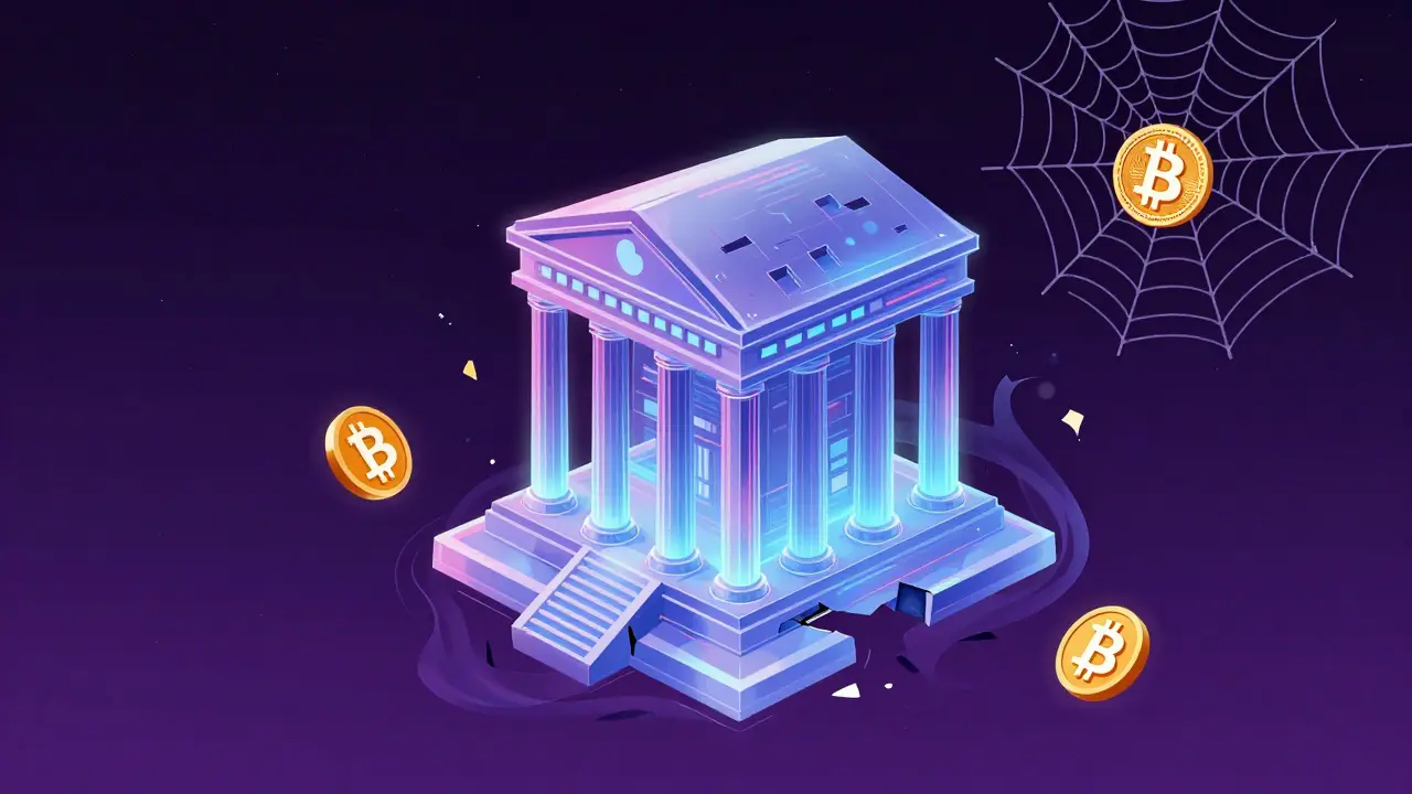 A translucent, crumbling futuristic bank floating in a neon digital void with trapped coins.