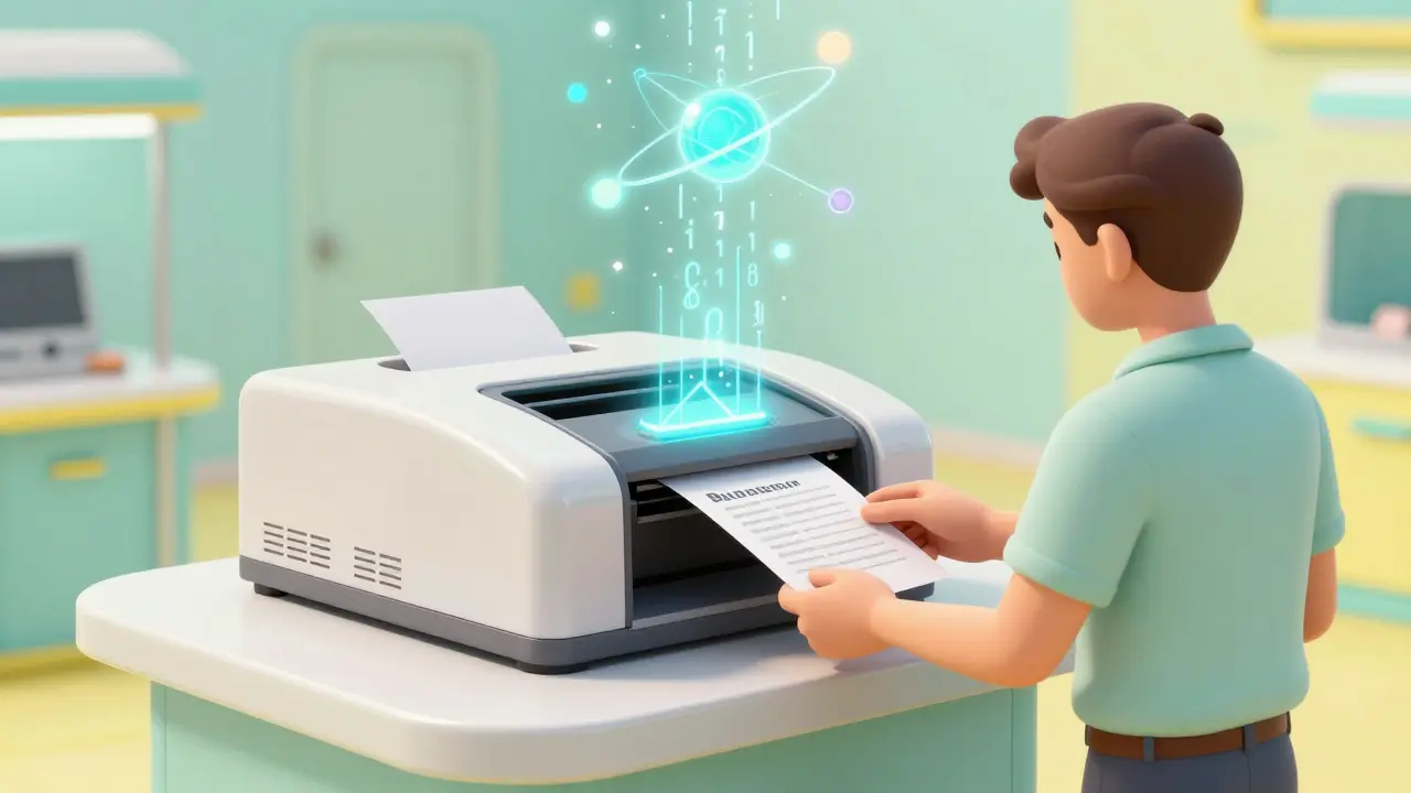 A voter using a futuristic scanner that converts a paper ballot into digital data.