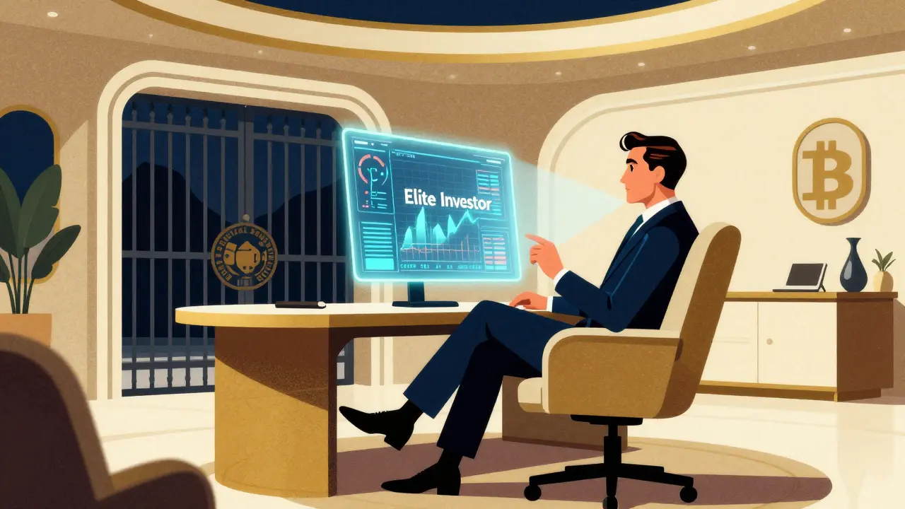 A wealthy qualified investor viewing crypto futures in a retro-futuristic luxury office.
