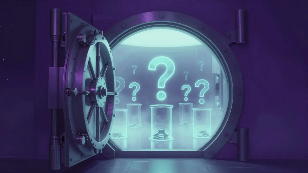 An empty futuristic space vault with floating question marks