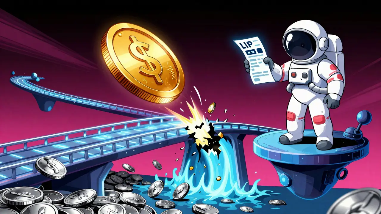 Astronaut watching a futuristic bridge fracture as coins drift apart in a cosmic void.