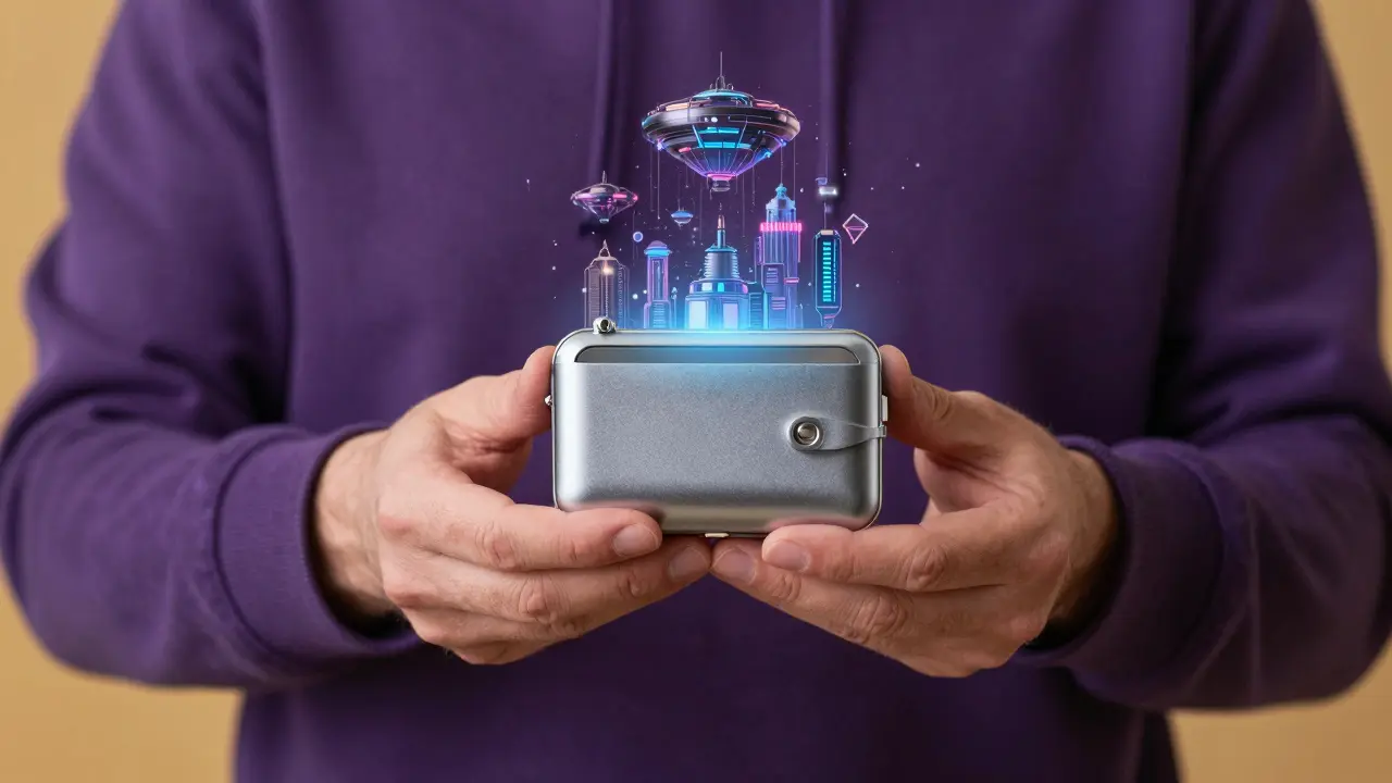 Close-up of a person holding a glowing hardware wallet against a fading city