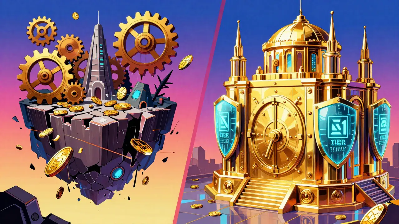 Comparison between a crumbling floating exchange and a secure digital fortress