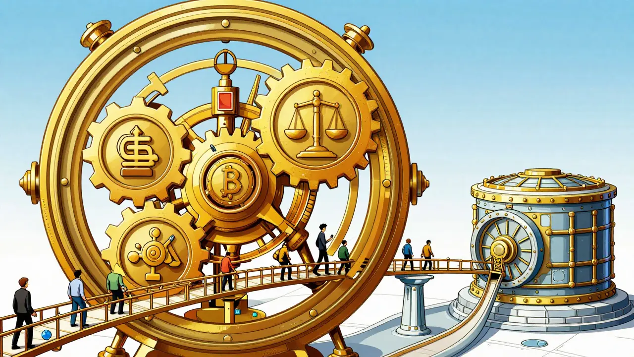 Conceptual illustration of a complex mechanical system representing crypto regulations and licensing.