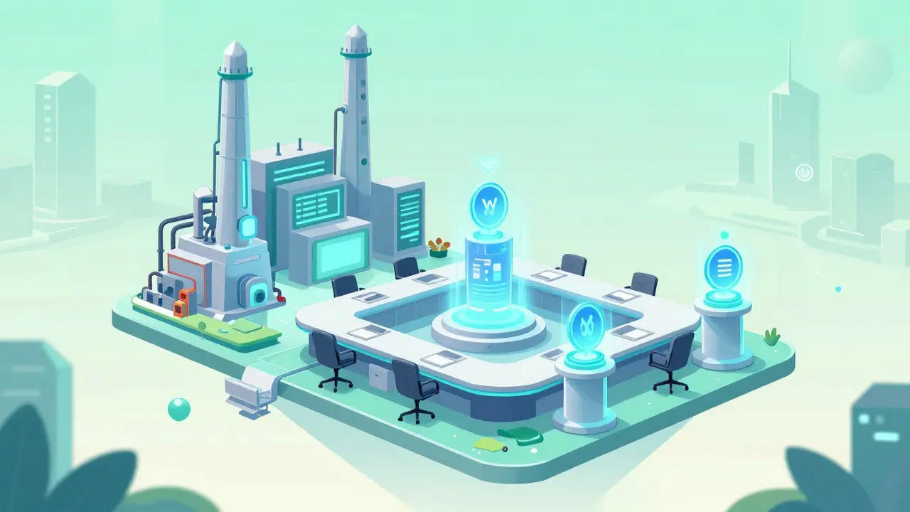 Futuristic, clean boardroom illustration symbolizing the energy-efficient Proof of Stake mechanism.