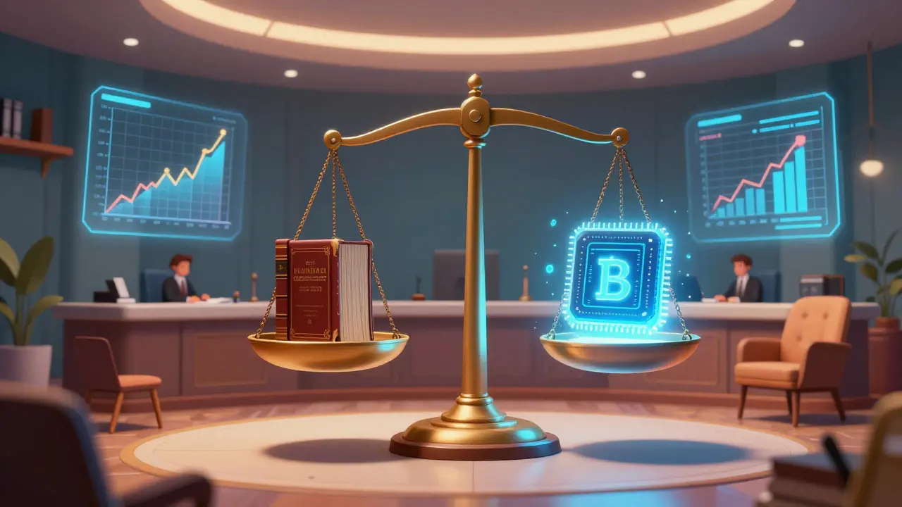 Futuristic courtroom scene depicting the legal challenge against the crypto payment ban.