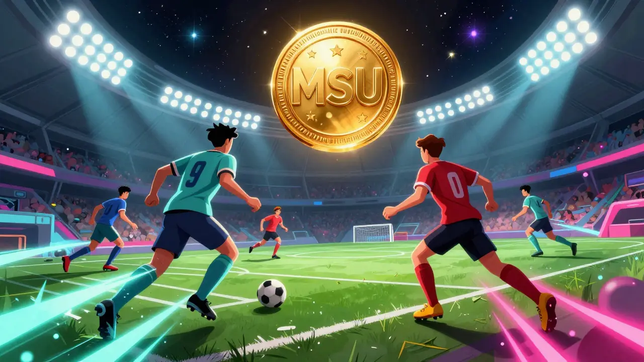 Futuristic soccer players competing for a glowing golden MSU token.