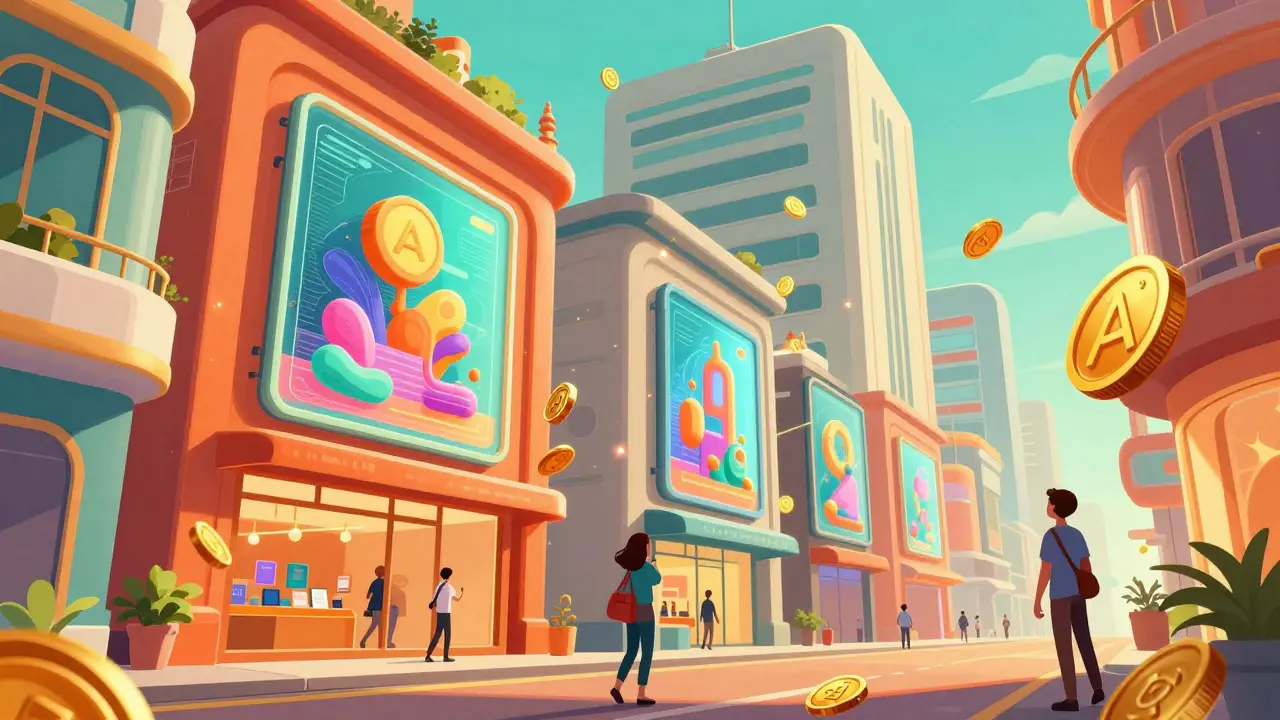 Futuristic street with holographic art pinned to buildings and floating AUKI digital coins.