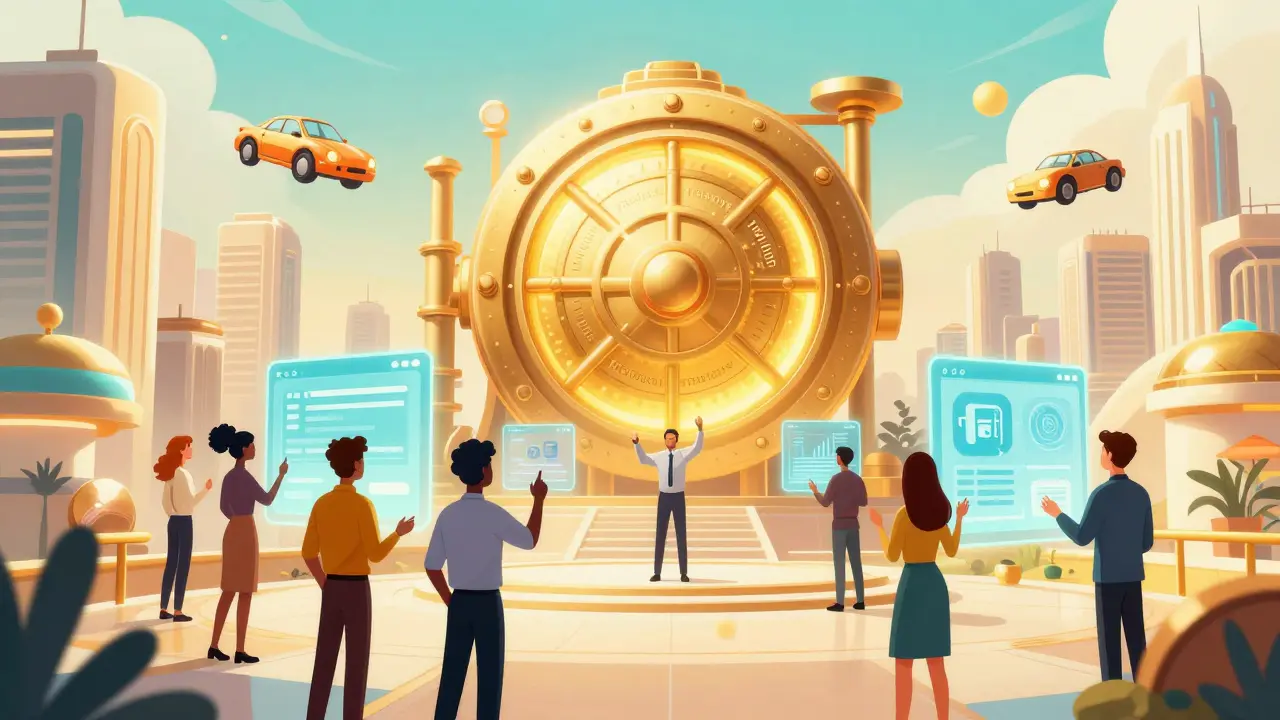 Futuristic traders using holographic screens in a sunny, retro-style city with a golden vault.