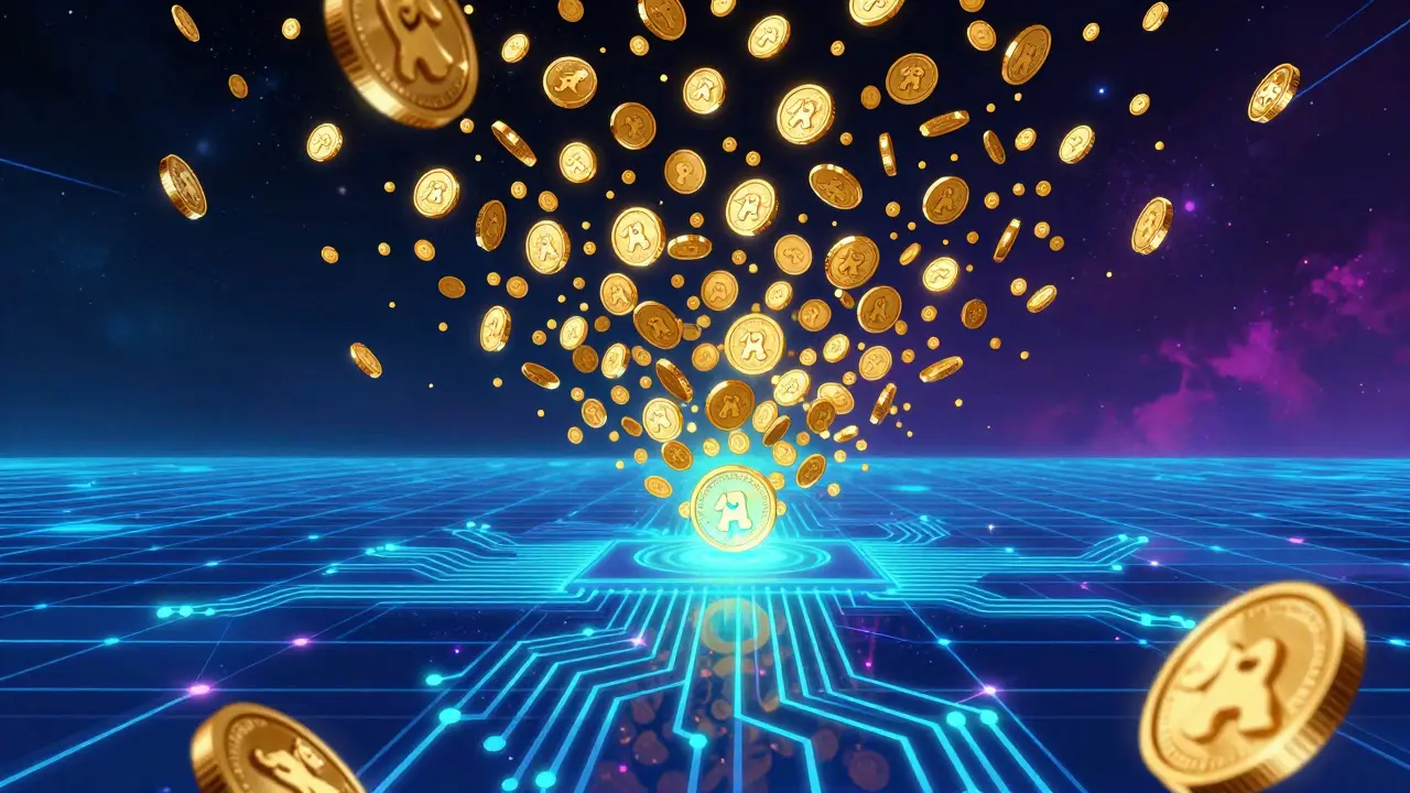 Gold dog coins swirling in a neon blue digital vortex on a futuristic circuit grid.
