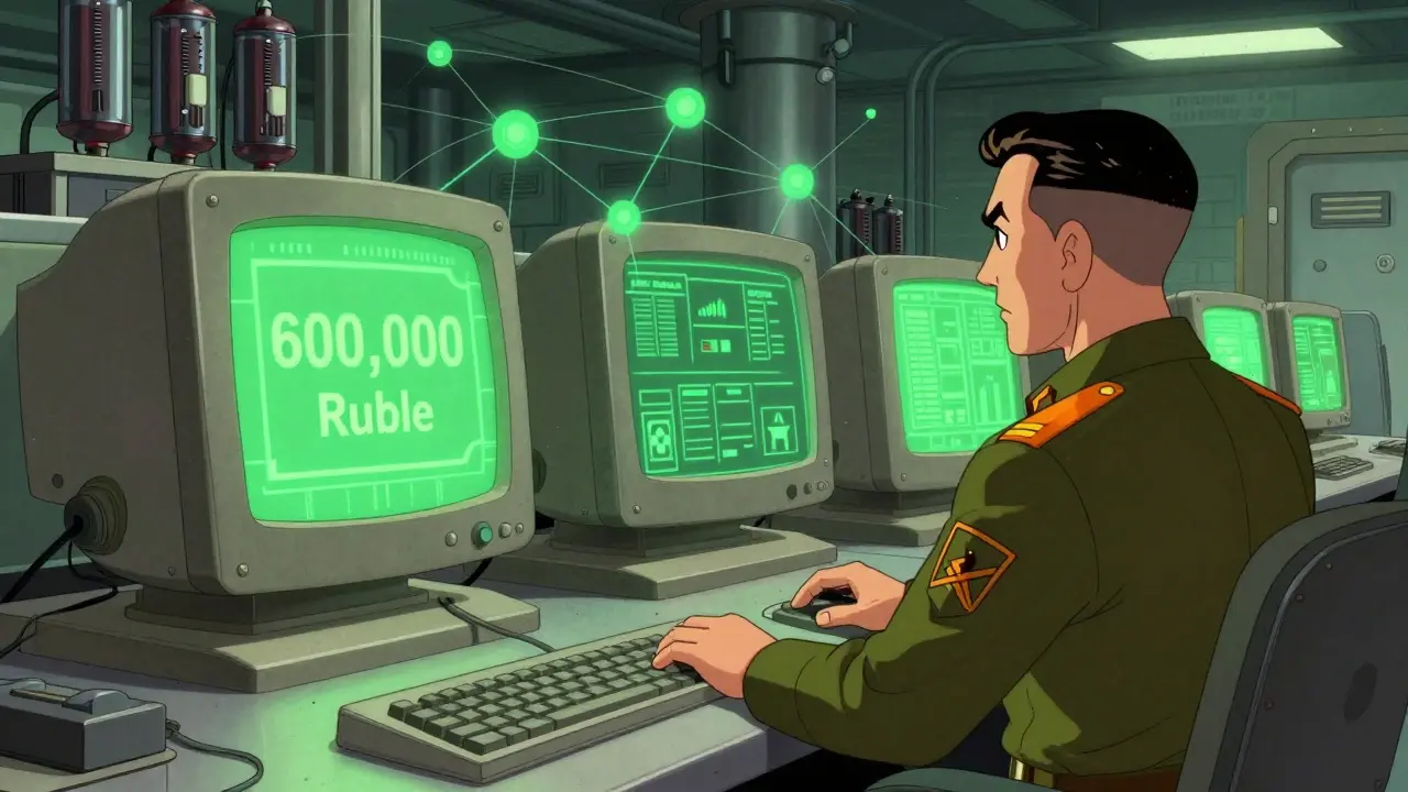 Government officials monitoring crypto transactions on retro-style computer terminals.
