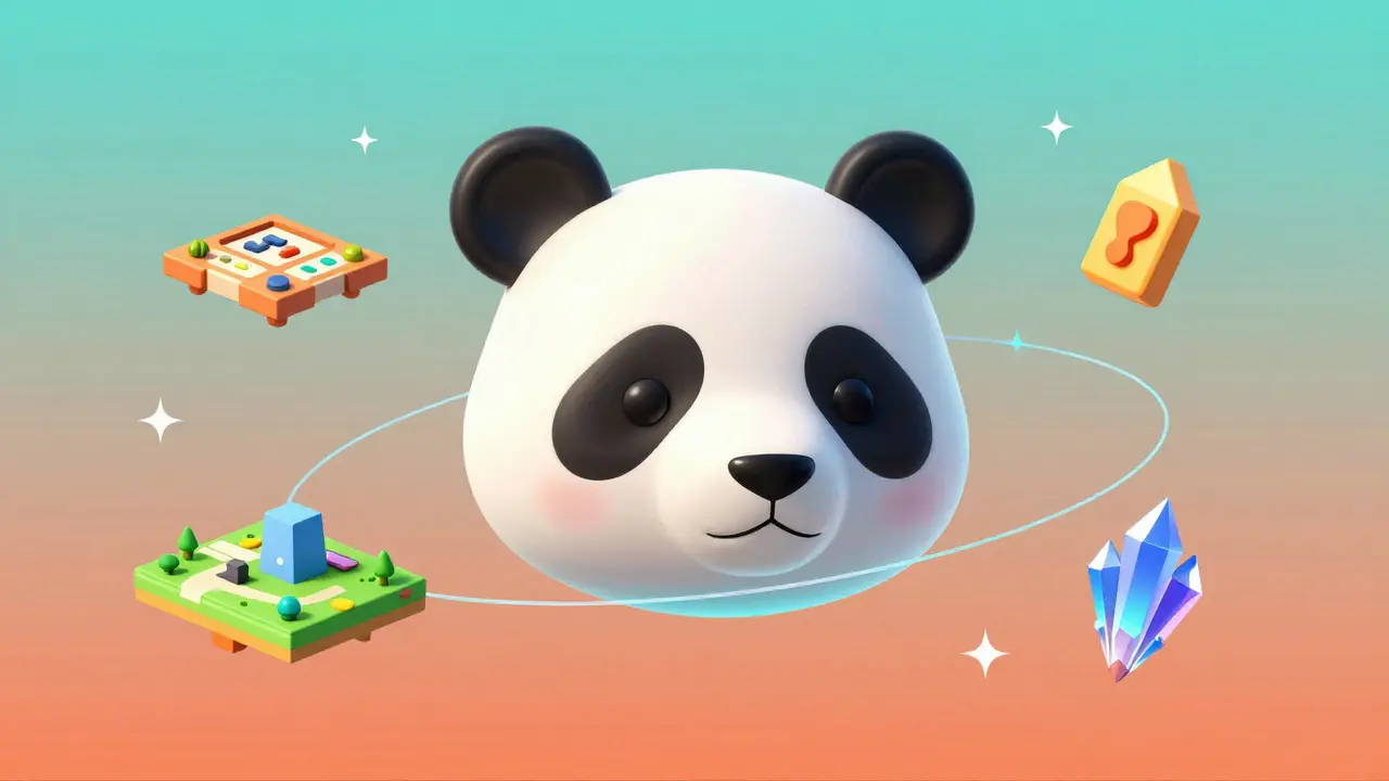 Holographic panda surrounded by floating digital land and NFT assets in space