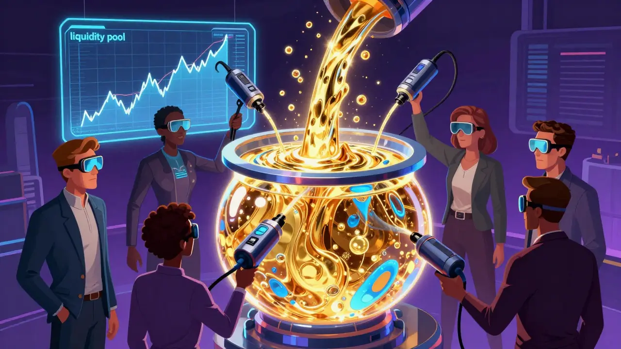 Investors using high-tech vacuums to drain a glowing liquid gold pool with a crashing graph behind them.