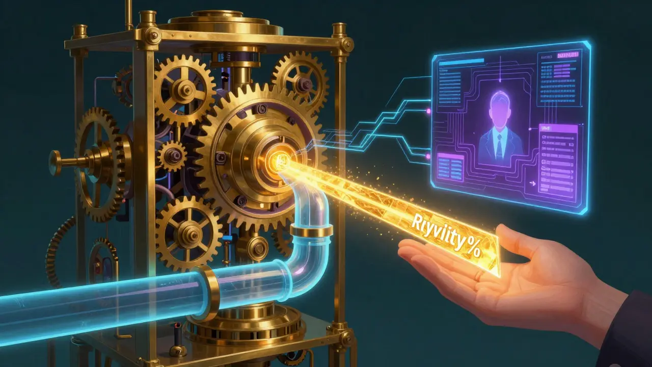 Mechanical representation of a smart contract diverting a percentage of a sale to a creator.