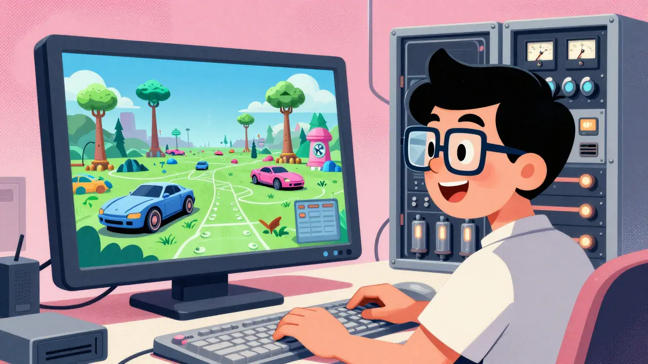 Mid-century style game developer using a retro computer to create a 3D virtual world.