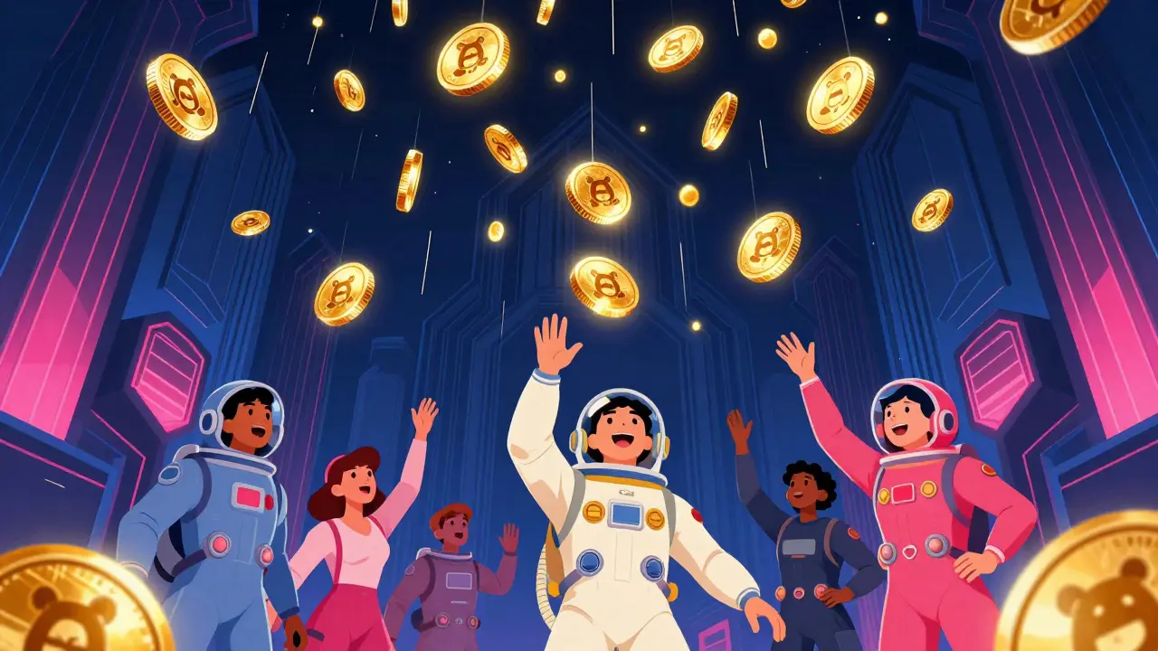 People in retro space suits catching falling golden crypto tokens from a digital sky