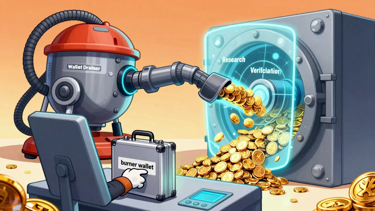 Person using a small burner wallet to avoid a giant mechanical wallet drainer.