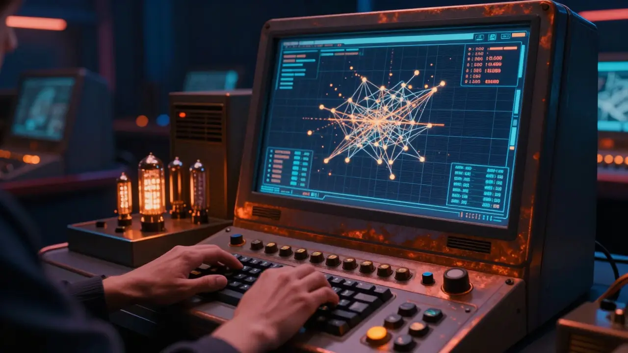 Person using a vintage retro-futuristic computer to manage fragmented crypto transactions.