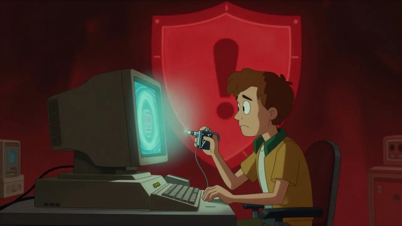 Retro-futurist scene of a person using a burner wallet to safely explore a digital portal.