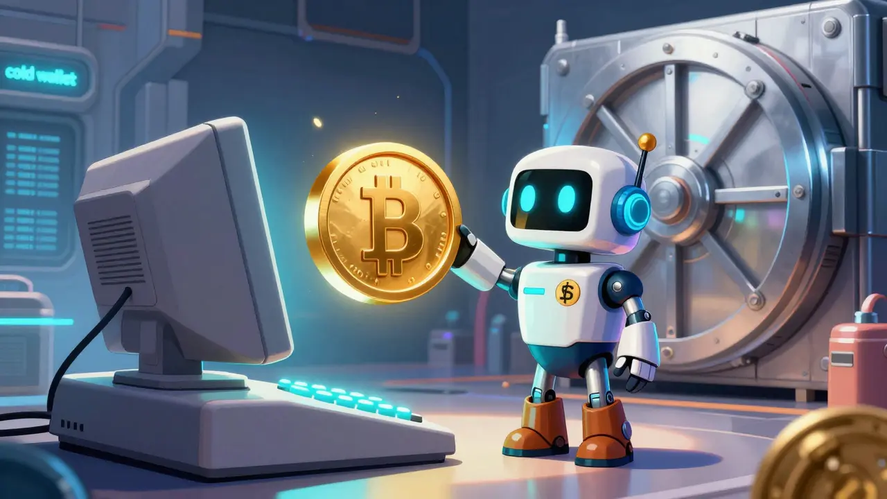 Robot guarding a futuristic chrome vault with a golden bond in retro-futuristic style