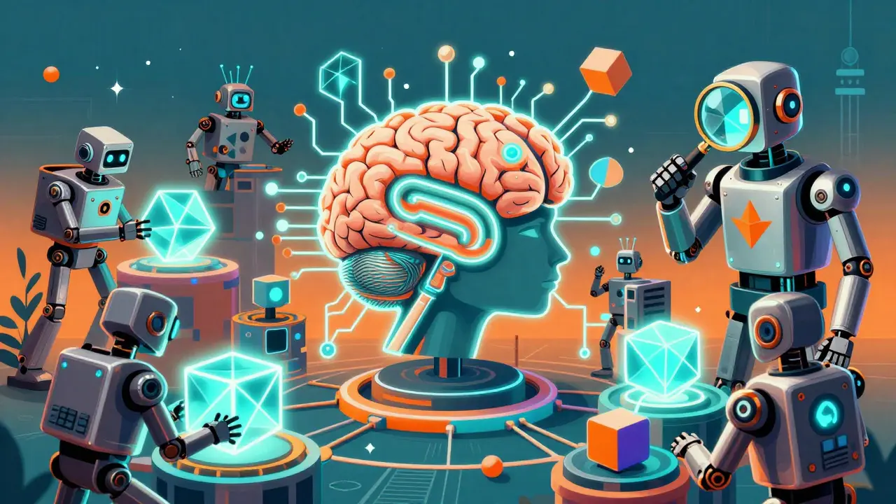 Stylized AI network with robots building and validating 3D objects around a glowing circuit brain.